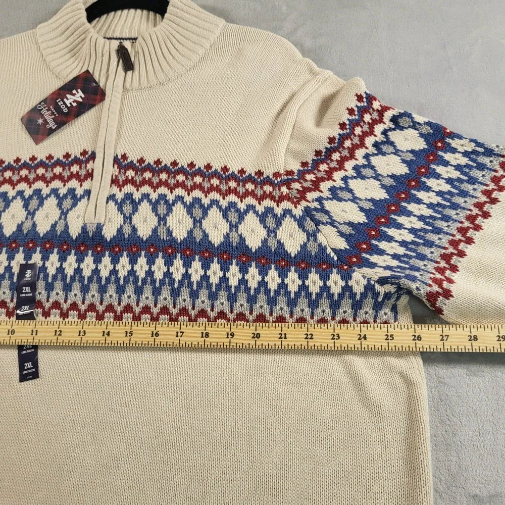 IZOD Mens 2XB NEW Fair Isle Christmas Holiday Winter Quarter Zip Sweater Cream